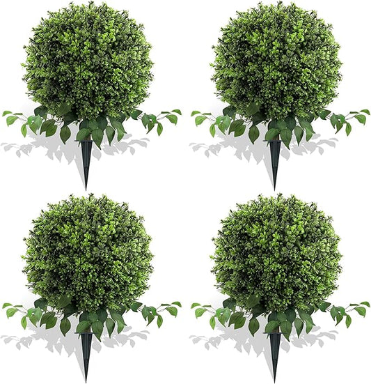 28" Artificial Boxwood Ball Bush, UV Resistant Topiary Tree Faux Boxwood Ball Shaped Porch Bushes with Ground Spike Artificial Bushes for Outdoors Front Door Decor Home Garden