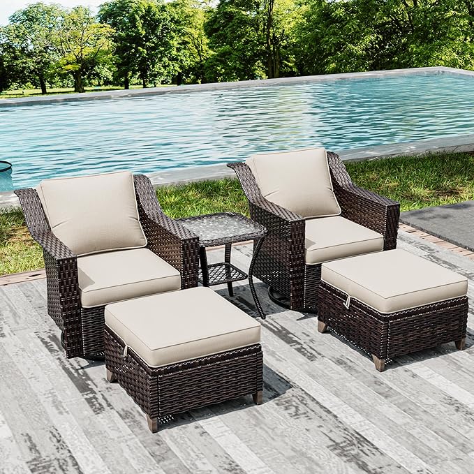 Joyside Wicker Patio Furniture Sets, 5 Pieces Upgraded Large Size Outdoor Furniture with Swivel Rocking Patio Chairs, Outdoor Ottoman and Side Table, Thick Cushions, Wide Armrest