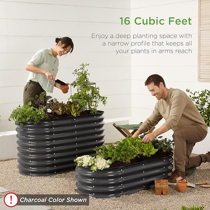 Best Choice Products 4x2x2ft Outdoor Metal Raised Garden Bed, Oval Deep Root Planter Box for Vegetables, Flowers, Herbs, and Succulents w/ 101 Gallon Capacity, Rubber Edge Guard - Beige