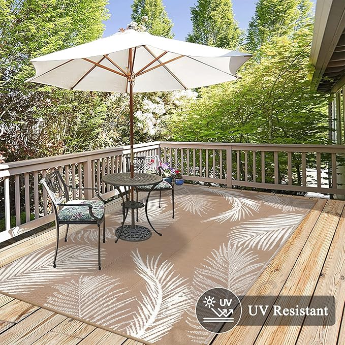 Pauwer Waterproof Outdoor Rug 5x8, Reversible Plastic Straw Patio Camping Rug, Indoor Outdoor RV Mat Carpet for Deck, Camper, Porch, Balcony, Backyard, Picnic, Leaf Brown