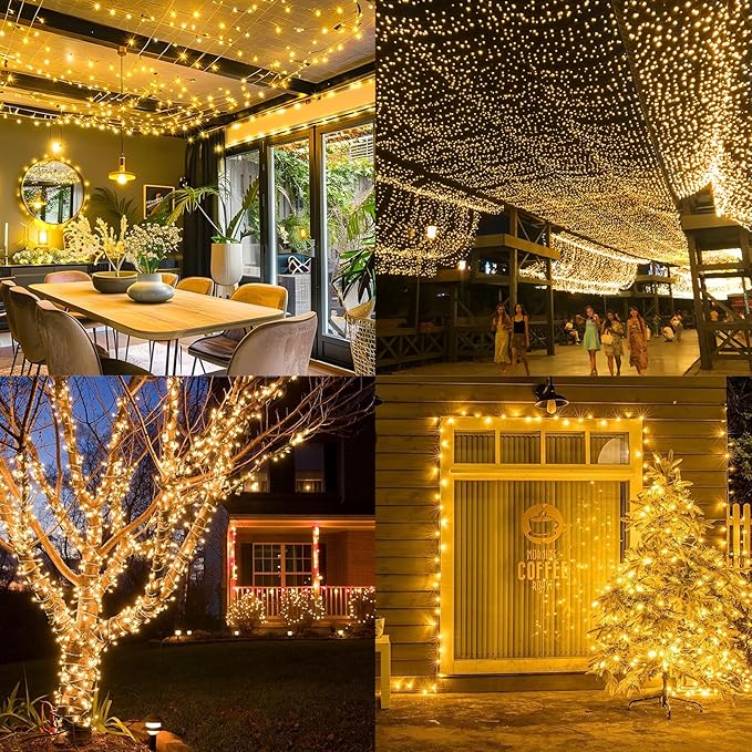 KNONEW 600ft 1500 LED Christmas String Lights Outdoor 8 Lighting Modes & Timer Dimmable Fairy Light Plug in Waterproof for Xmas Roof Yard Tree Wedding Party Holiday Decorations (Warm White)