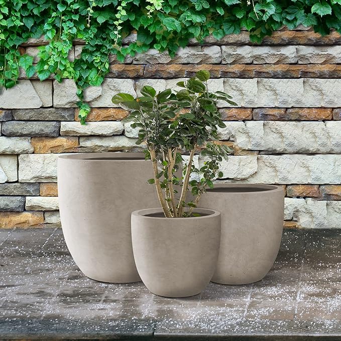 Kante 18",14",10" Dia Concrete Round Planters (Set of 3), Outdoor Indoor Large Planter Pots with Drainage Hole and Rubber Plug for Home Patio Garden, Weathered Concrete