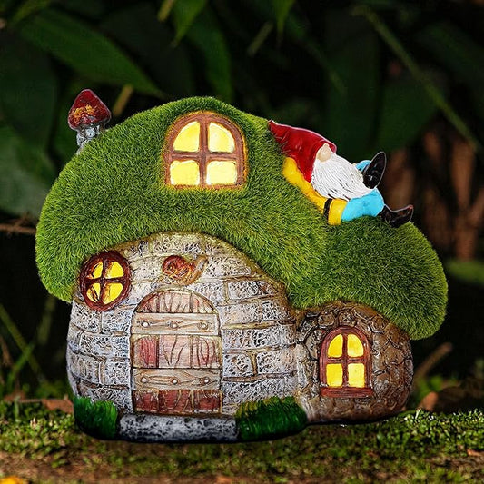 ILLUMINEW House Garden Statues with Solar Lights, LED Cute Flocked Fairy House with Gnomes Garden Figurine, Outdoor Patio Yard Lawn Decorations Gift