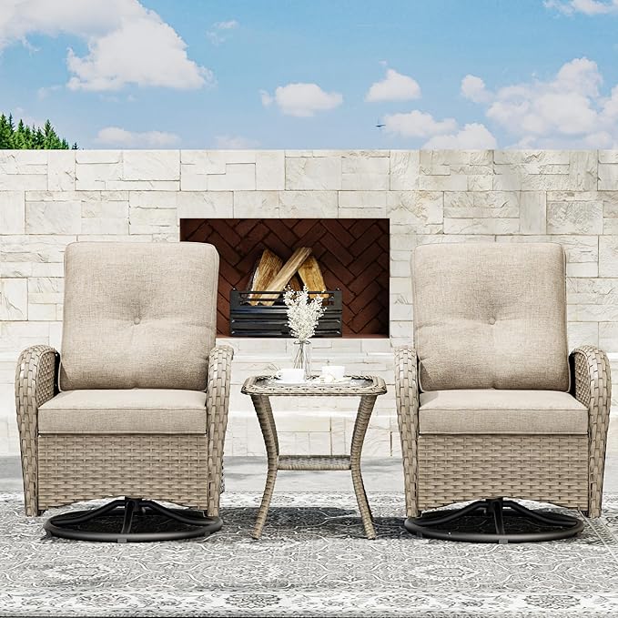 Joyside Outdoor Swivel Rocker Chairs, 3 Piece Wicker Patio Set with Thick Cushion and Side Table, Rattan Patio Swivel Rocking Chairs for Porch, Deck Use (Natural/Beige, 3 PCS)