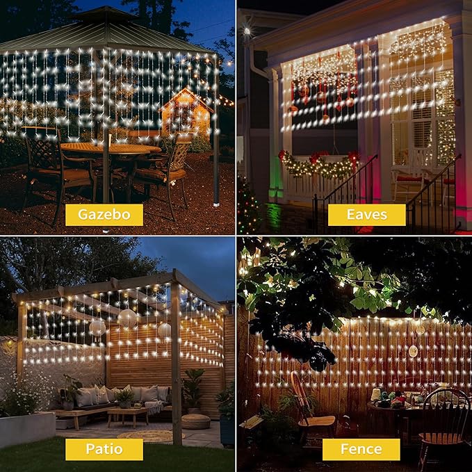32.8 * 3.28FT Large Size Solar Curtain Lights Outdoor, 8 Modes Icicle Lights, Solar Garden Christmas Decortions for Patio, Gazebo, Eaves, Fence, Tree, Porch (White)