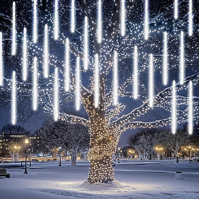 Dazzle Bright 864 LED Christmas Light, Meteor Shower Rain Lights 11.8 Inch 24 Tubes, Waterproof Plug in Falling Rain Lights Christmas Decorations for Xmas Bushes Tree Yard Party (White)