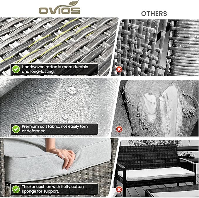ovios 8 Pieces Patio Furniture Set with 30" Fire Pit Table, Outdoor Wicker Sofa with Comfy Cushions, All Weather High Back Rattan Couch Conversation Set, Grey