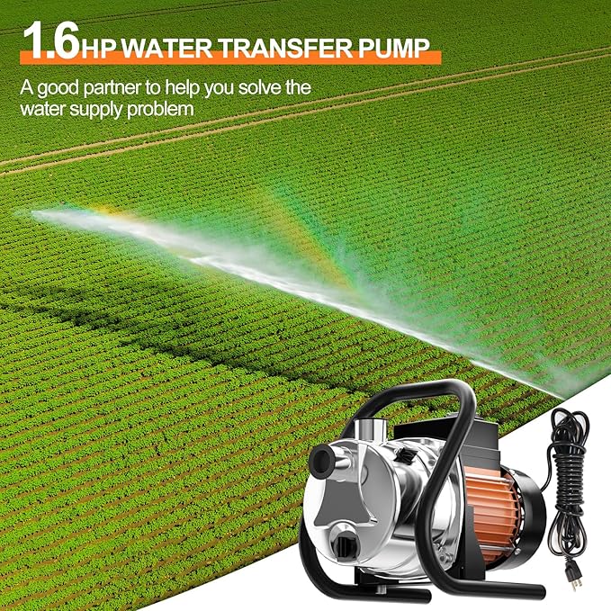 1.6 HP Portable Water Transfer Pump 1800 GPH Shallow Well Pump Garden Booster Sprinkler Pumps for Irrigation Lawn Farm Water Removal with Adapters, Orange