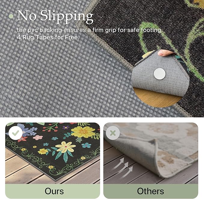 GENIMO Indoor Outdoor Area Rug 4' X 6' Waterproof, Washable Patio Rug Non Shedding, Easy Cleaning Floral Outdoor Carpet for Living Room, Bedroom, Dining Room, Balcony, Backyard, Deck, RV, Black