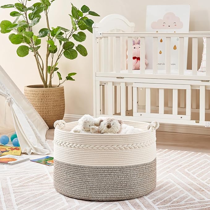 KAKAMAY Large Blanket Basket (20"x13"),Woven Baskets for storage Baby Laundry Hamper, Cotton Rope Blanket Basket for Living Room, Laundry, Nursery, Pillows, Baby Toy chest (White/Beige)