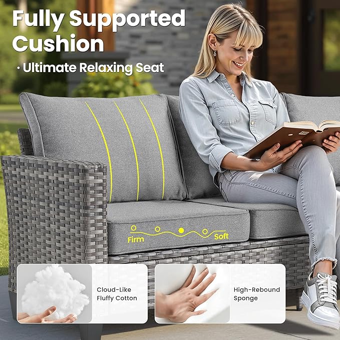ovios 8 Pieces Patio Furniture Set with 30" Fire Pit Table, Outdoor Wicker Sofa with Comfy Cushions, All Weather High Back Rattan Couch Conversation Set, Dark Grey