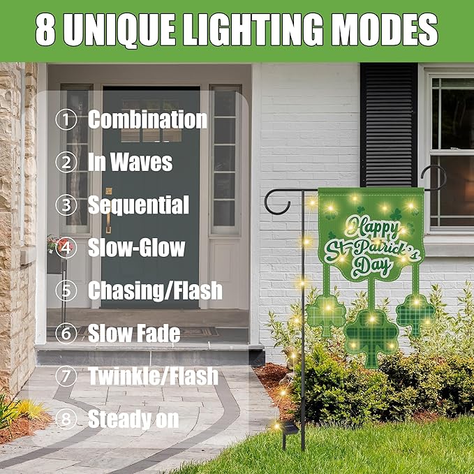 3 Set Seasonal Garden Flags with 8 Modes Solar LED Double Sided 12 x 18 Inch Small Yard Flags Outdoor Lighted Welcome Spring Easter St. Patrick's Day Clover Garden Decor for All Seasons