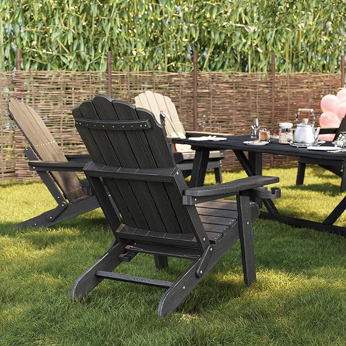 Adjustable Backrest Folding Adirondack Chair Set of 4, Adirondack Chair with Retractable Ottoman, Weather Resistant Fire Pit Chair with 2 Cup Holders, for Porch Backyard Outdoor Lawn, Black