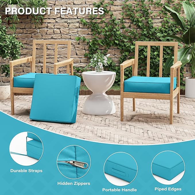 Patio Chair Cushions 19 X 19 X 4 Inch Waterproof Outdoor Seat Cushions for Patio Furniture, Outdoor Sofa Couch Pads with Ties & Handle, Set of 2, Lake Blue
