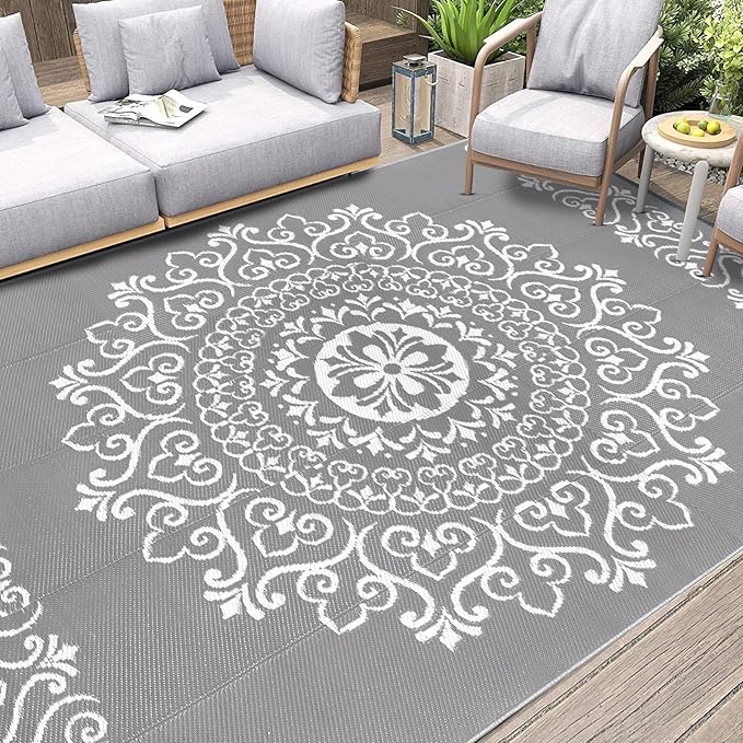 Pauwer Waterproof Outdoor Rug 6x9, Reversible Plastic Straw Patio Camping Rug, Indoor Outdoor RV Mat Carpet for Deck, Camper, Porch, Balcony, Backyard, Picnic, Floral Grey