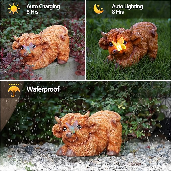 Highland Cow Solar Powered Outdoor Garden Statue, Resin Highland Cow Statue with Solar Light Lantern, Decorative Lawn, Yard Outdoor Highland Cow Decor. Unique home decorations, gifts for women