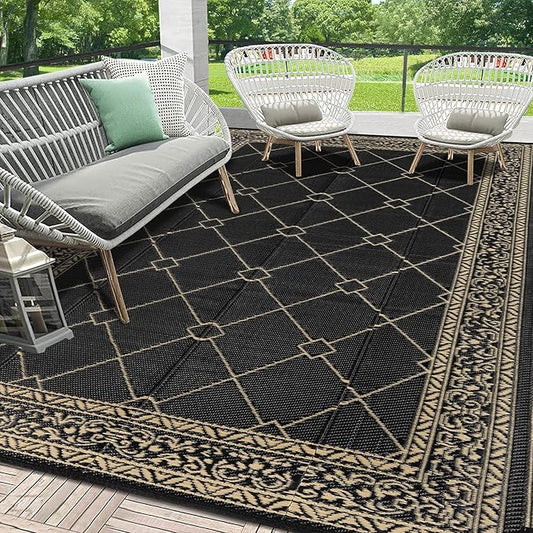 HEBE Outdoor Rug Waterproof 9x12, Reversible Plastic Straw Rug RV Camping Rug, Indoor Outdoor Patio Mat Clearance, Outside Carpet for Porch,Deck,Camper,Balcony,Backyard,Picnic
