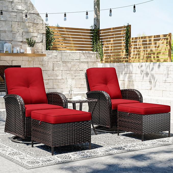 Joyside 5 Piece Patio Furniture Set, Outdoor Swivel Chair Sets with Thick Cushion and Ottoman, Wicker Patio Conversation Set for Porch, Deck Use (Brown/Red, 5 PCS)
