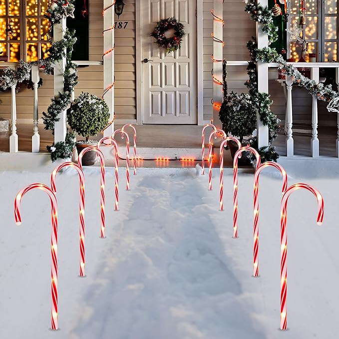 Joiedomi 17” Christmas Candy Cane Pathway Markers Lights with Stake, Set of 12 Christmas Candy Cane Stakes Lights for Christmas Party Walkway Patio Garden Holiday Outdoor Decoration