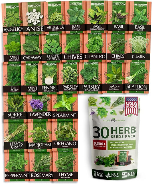 HOME GROWN 30 Herb Seeds for Planting 9,500+ Non-GMO Heirloom Seeds | Extra Large Variety Pack Herb Kit – Indoor Outdoor & Hydroponic | Culinary Seed Set | Grow Your Own Herbs | Gardening Gift