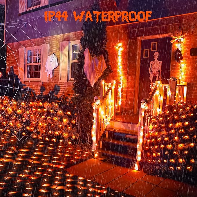 JMEXSUSS 360 LED 12ft x 5ft Halloween Net Lights - Connectable Orange Outdoor Mesh Lights With Remote, 8 Modes Plug-in for Bushes Shrubs Decorations