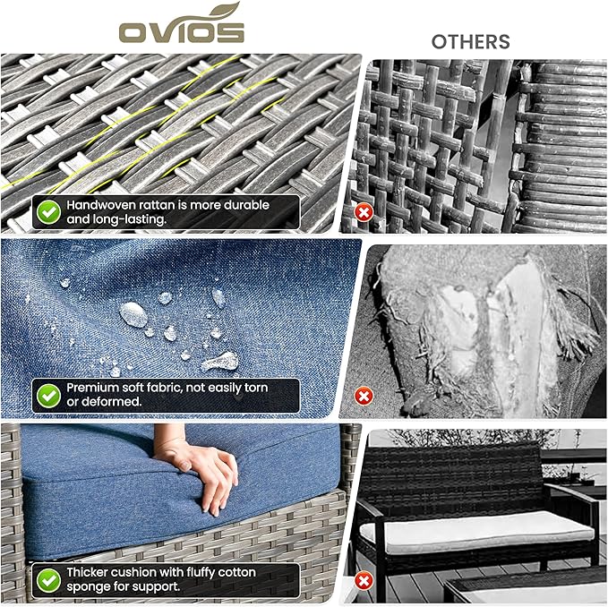 ovios 6 Pieces Patio Furniture Set with 54" Fire Pit Table, Outdoor Wicker Sofa with Comfy Cushions, All Weather High Back Rattan Couch Conversation Set, Denim Blue