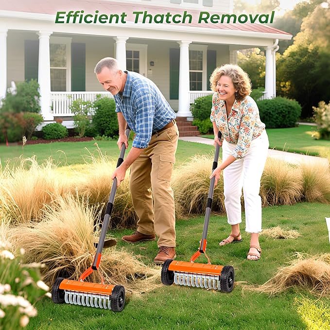 Walensee Dethatching Roller Rake with 76.8'' Adjustable Handle, 2mm Stainless Steel Blades, Heavy Duty Lawn Thatch Remover for Moss, Grass Clippings, Leaves & Debris – Ideal for Yard & Garden Cleanup