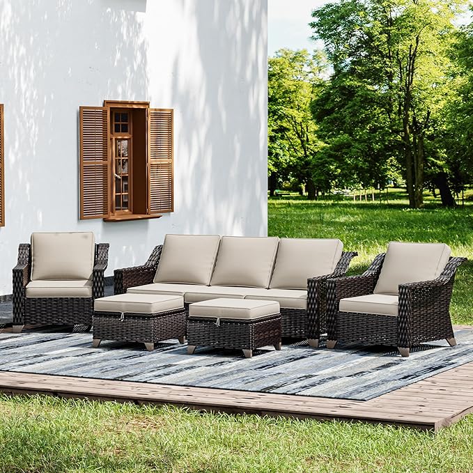 Joyside Wicker Patio Furniture Sets, 5 Pieces Upgraded Large Size Outdoor Furniture with Patio Dining Chairs, 3-Seat Sofa and Outdoor Ottoman, Thick Cushions, Wide Armrest