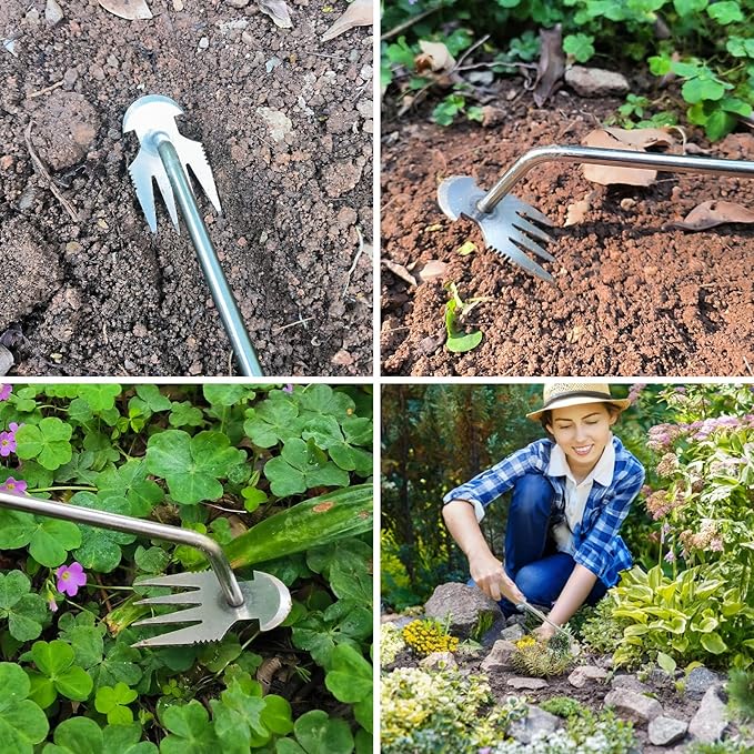 Amposei Weeding Artifact Uprooting Weeding Tool, Multifunctional Weeder, Hand Weeder Tool, Stand Up Weed Puller Tool with Handle for Garden Yard Farm Weed Removal (14in, Metal Rubber Handle)