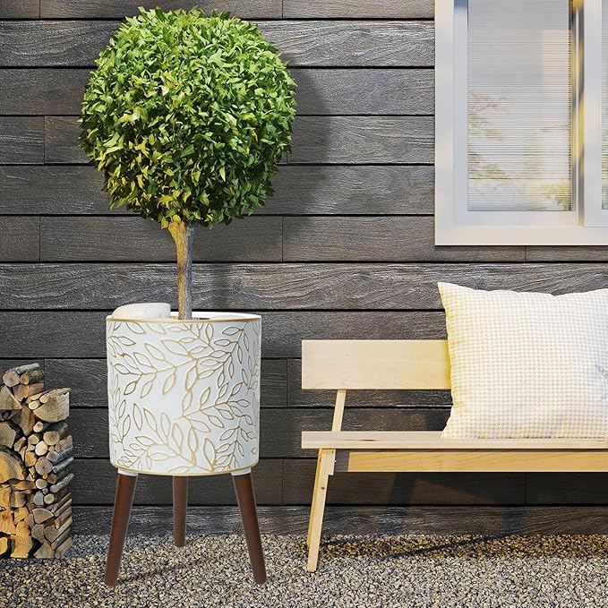 12inch Plant Pots with Wood Planter Holder Indoor Flower Pot with Gold Floral Embossed Modern Planters with Drainage Holes for Living Room, Office, Garden or Balcony