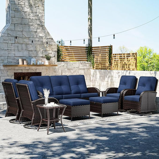 Joyside 9 Piece Patio Furniture Set, Outdoor Wicker Conversation Sets with Swivel Rocker Chairs and Sofa, Thick Cushion, Rattan Patio Sectional for Porch, Deck Use (Brown/Blue, 9 PCS)