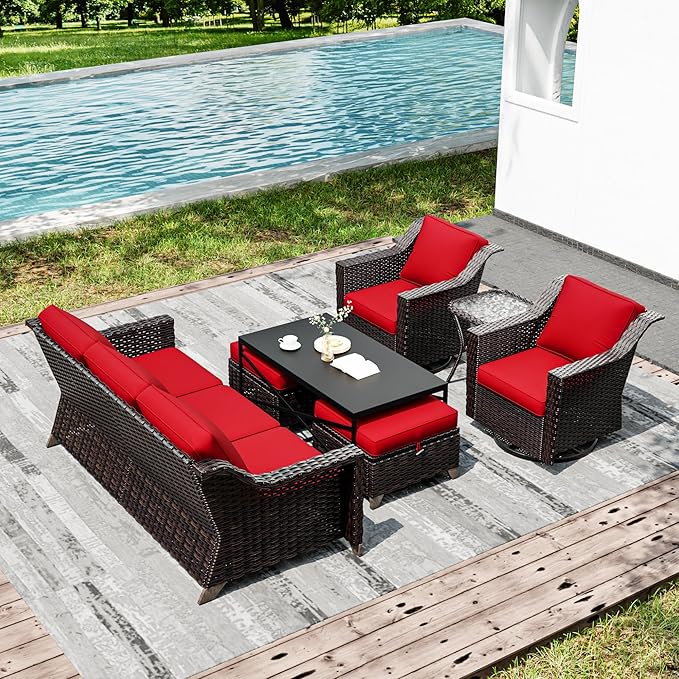 Joyside Wicker Patio Furniture Sets, 7 Pieces Upgraded Large Size Outdoor Furniture with Swivel Rocking Patio Chairs, 3-Seat Sofa, Outdoor Ottoman and Coffee Table, Thick Cushions, Wide Armrest
