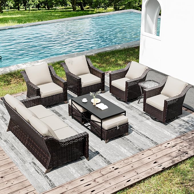 Joyside Wicker Patio Furniture Sets, 9 Pieces Upgraded Large Size Outdoor Furniture with Swivel Rocking Patio Chairs, Patio Dining Chair, 3-Seat Sofa, Outdoor Ottoman, Coffee Table, Thick Cushions