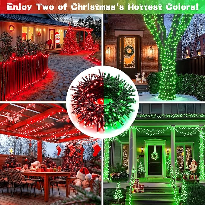 JMEXSUSS Red and Green Solar Christmas Lights Outdoor Waterproof, 2 Pack 100 Led 33ft Color Changing Christmas Lights, 8 Modes Solar String Lights for Christmas Tree Decor