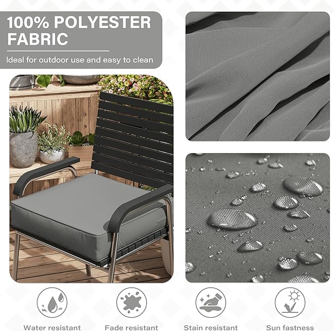 Patio Chair Cushions 24 X 24 X 5 Inch Waterproof Outdoor Seat Cushions for Patio Furniture, Outdoor Sofa Couch Pads with Ties & Handle, Set of 2, Light Grey