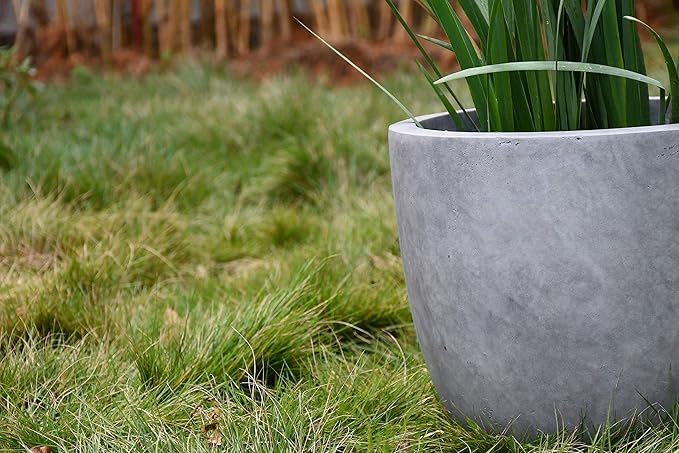 Kante 14 Inch Dia Round Concrete Planter, Indoor Outdoor Large Plant Pot with Drainage Hole and Rubber Plug for Home Patio Garden, Natural Concrete