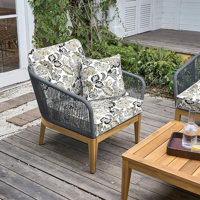 LVTXIII Outdoor Deep Seat Cushion Patio Seat and Back Cushion Set Seasonal Chair Cushion with Removable Cover and Adjustable Buckle for Home and Garden, 24"x24"x4", Dailey Tan