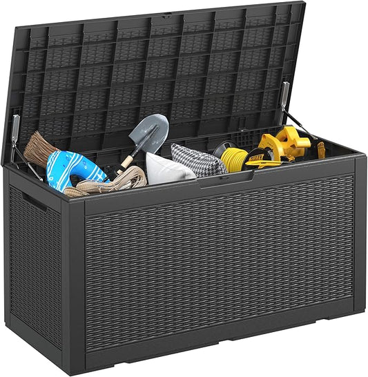 KAMABOKO 101 Gallon Waterproof Large Resin Deck Box, Lockable Large Outdoor Storage Boxes Indoor Outdoor Storage Container for Patio Cushions, Gardening Tools, Pool Supplies, Black