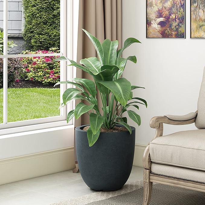 Kante 18 Inch Dia Round Concrete Planter, Indoor Outdoor Large Plant Pot with Drainage Hole and Rubber Plug for Home Patio Garden, Dark Gray