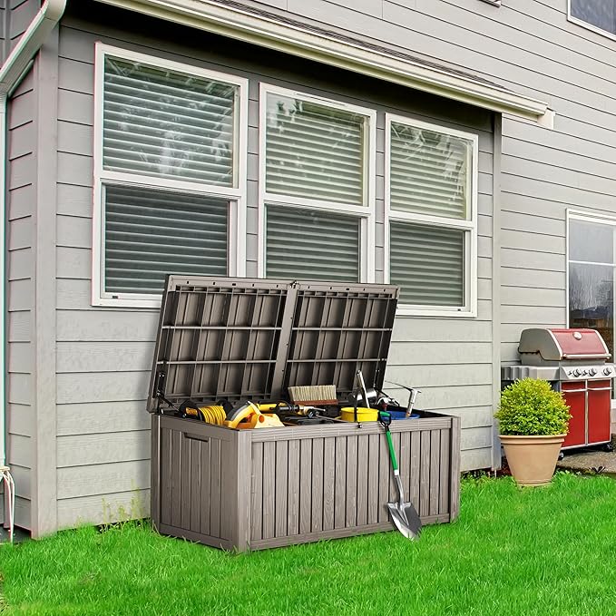 180 Gallon Lockable Resin Deck Box, Waterproof & UV-Resistant Outdoor Storage Box for Outdoor Cushion Storage, Garden Tools & Pool Accessories Storage, Gray
