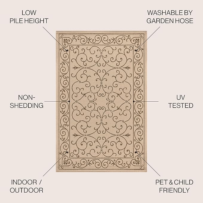 JONATHAN Y SMB106A-4SQ Charleston Vintage Filigree Textured Weave Beige/Brown 4' Square Indoor/Outdoor Area Rug, Pet Friendly, Non-Shedding, Stain Resistant, Easy-Cleaning for Backyard, Patio, Porch