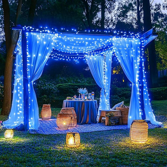 JMEXSUSS 2 Pack Blue Solar Christmas Lights: 100 LED 33ft Blue Solar Lights Outdoor, 8 Modes Solar String Lights for Outside Christmas Tree Gardens Party