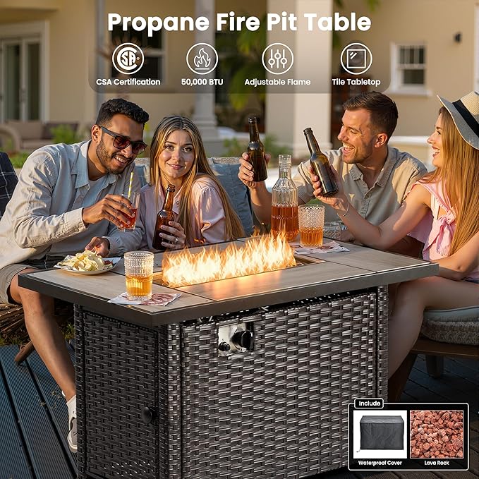 ovios 5 Pieces Patio Furniture Set with 42" Fire Pit Table, Outdoor Wicker Sofa with Loveseat, Comfy Cushions, High Back Couch Conversation Set, Brown Rattan, Orange Red