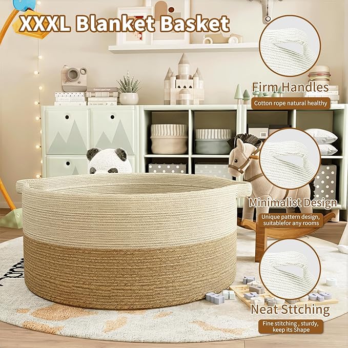 125L Extra Large Blanket Basket, 25" x 16", Jumbo Laundry Woven Baskets Decorative Home, Cotton Rope Basket with Handles, Baby Toy Baskets for Storage, White & Brown,2PC