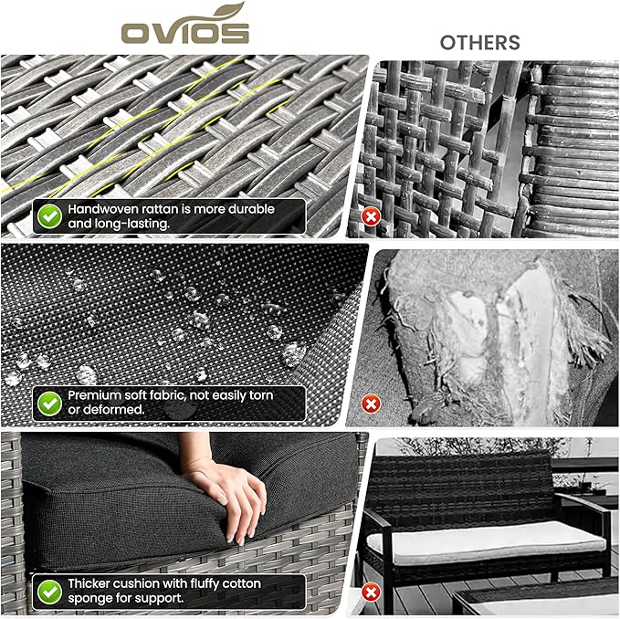 ovios 6 Pieces Patio Furniture Set with 54" Fire Pit Table, Outdoor Wicker Sofa with Comfy Cushions, All Weather High Back Rattan Couch Conversation Set, Black