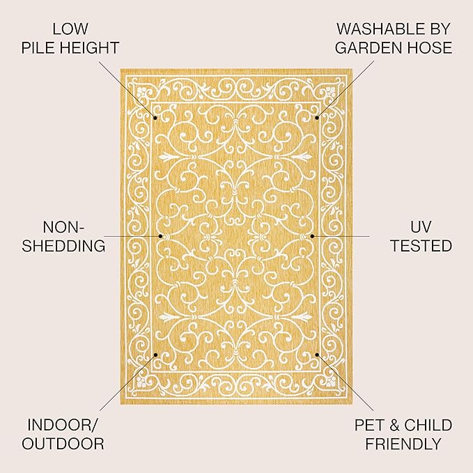 JONATHAN Y SMB106L-3 Charleston Vintage Filigree Textured Weave Indoor Outdoor Area Rug, Classic Traditional Easy-Cleaning,Bedroom,Kitchen,Backyard,Patio,Non Shedding, 3 X 5, Yellow/Cream