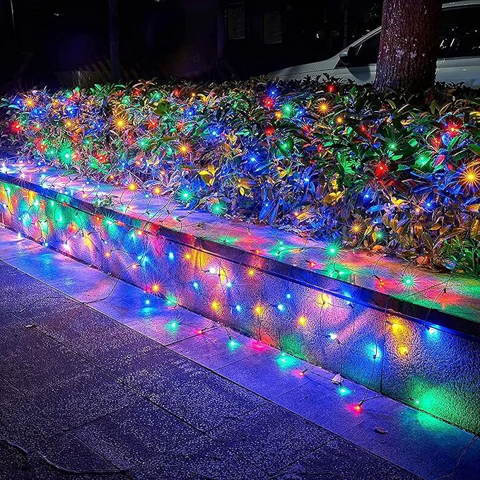 Dazzle Bright Christmas Net Lights, 360 LED 12FT x 5 FT Green Wire Waterproof Connectable String Lights with 8 Modes, Christmas Outdoor Lights for Bushes Garden Holiday Decoration (Multi-Colored)