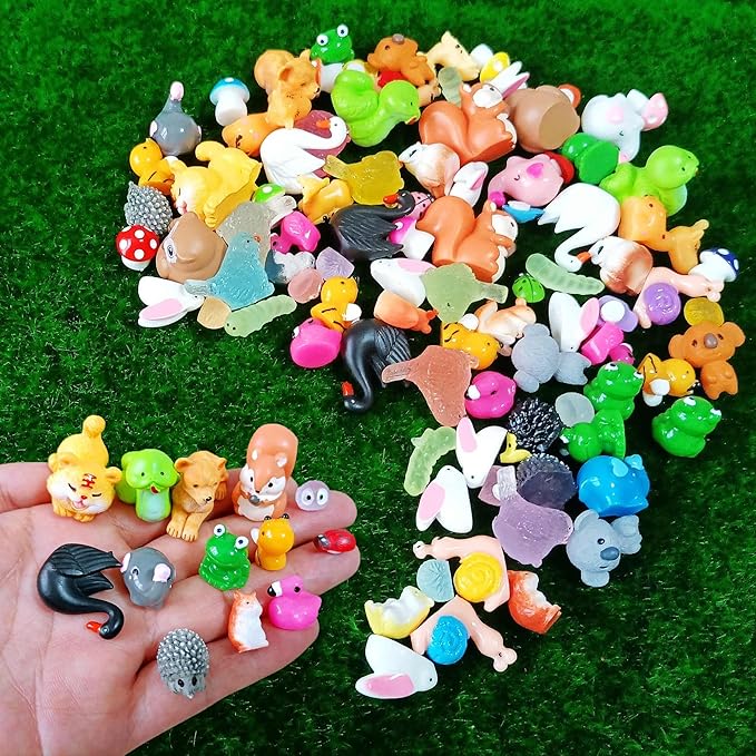 100 Pcs Mini Resin Animals Figures, Forest Tiny Plastic Animals Figurines to Hide Miniature Fairy Garden Decorations Accessories