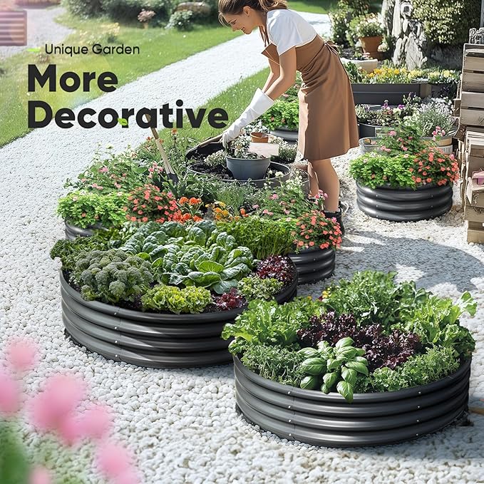 KING BIRD Raised Garden Bed Galvanized Round Planter Box Outdoor for Gardening, Plants, Vegetables, Flowers, Dark Grey, 47x47x12 in 2 Packs