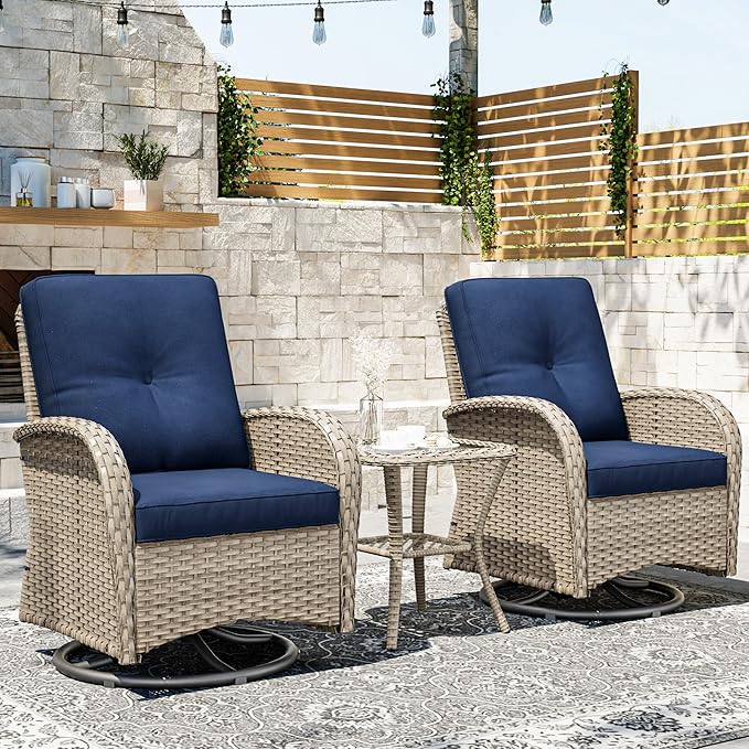 Joyside Outdoor Swivel Rocker Chairs, 3 Piece Wicker Patio Set with Thick Cushion and Side Table, Rattan Patio Swivel Rocking Chairs for Porch, Deck Use (Natural/Blue, 3 PCS)